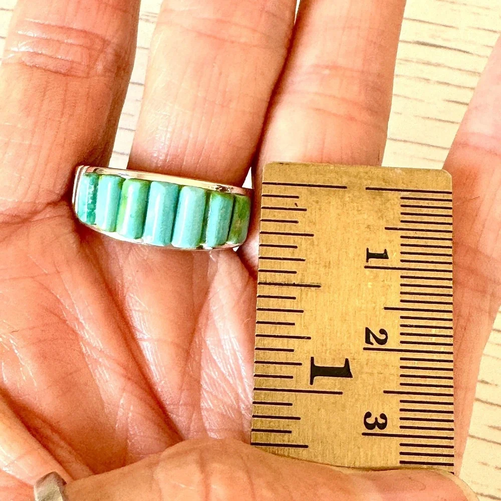 Navajo Turquoise Wedding Band Mens Ring Sz 11 10mm Signed Rick T Corn Inlay